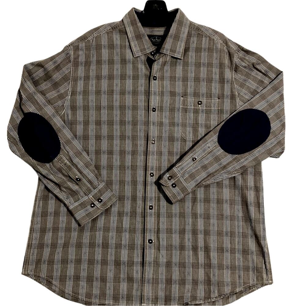 Nat Nast Luxury Original Shirt Men's‎ XL Brown Plaid Elbow Patch Dress Preppy